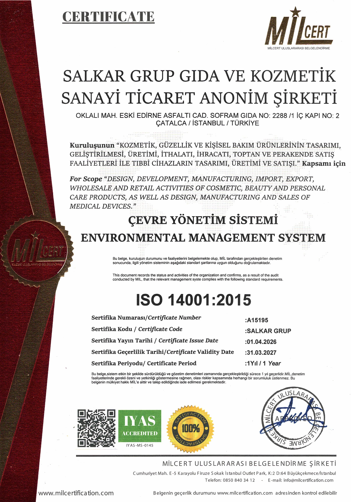 ISO 14001 Çevre Yönetim Sistemi Sertifikası — SALKAR Grup
